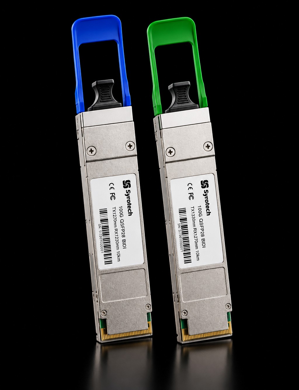 Pair of Syrotech 100G QSFP28 BIDI transceivers